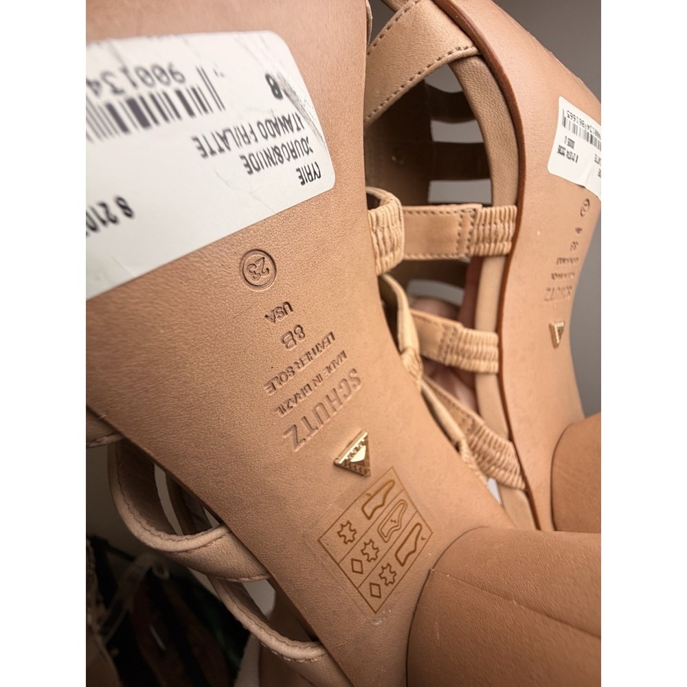 Schutz Kyrie Studded Cage Sandals Tan Leather Block Heel Ankle Strap 8 Gladiator - Picture 13 of 14